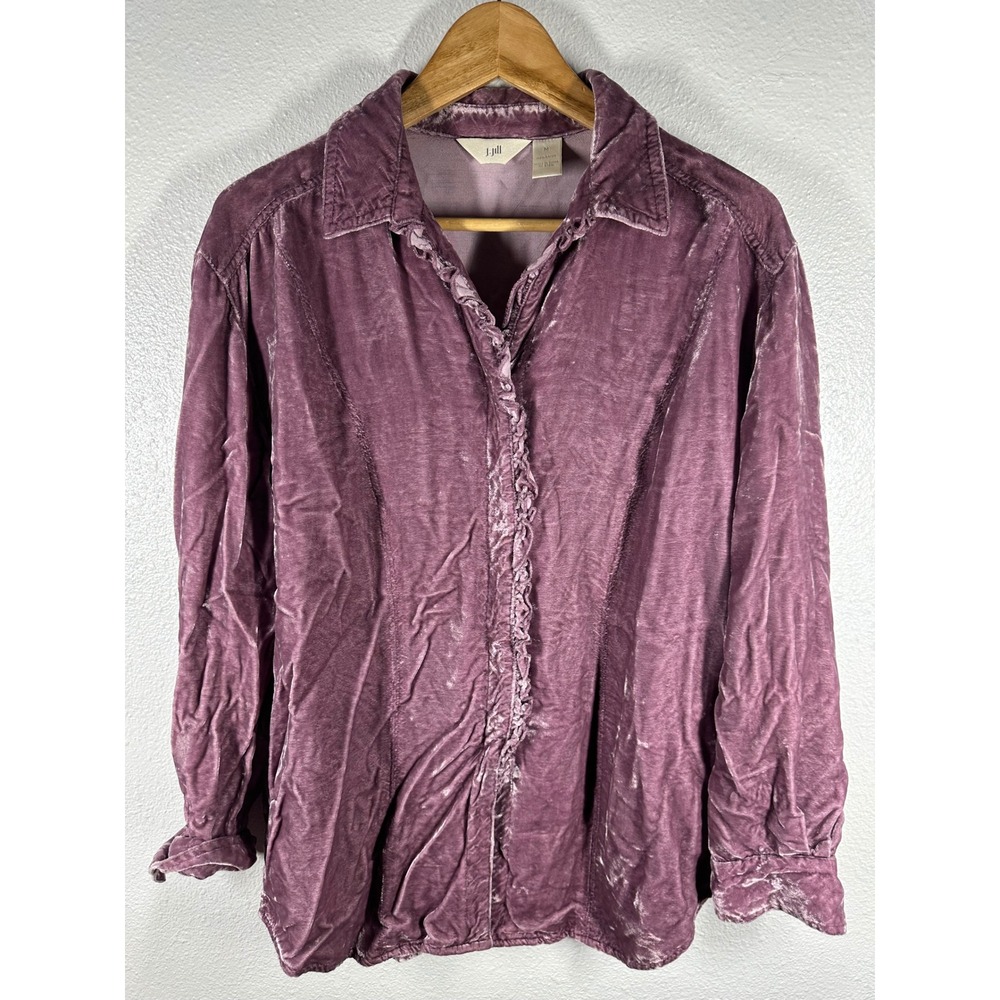 J. Jill Button Down Women M Purple Velvet Ruffle Placket Long Sleeve Blouse Top